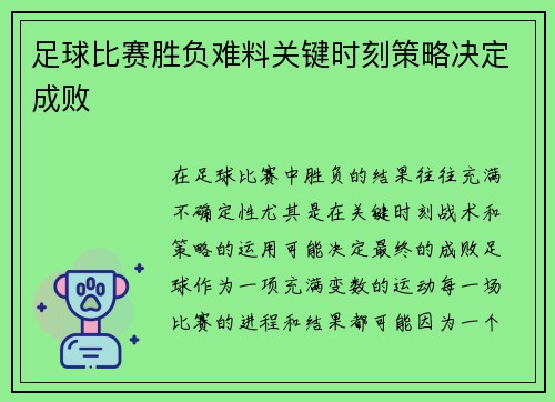 足球比赛胜负难料关键时刻策略决定成败